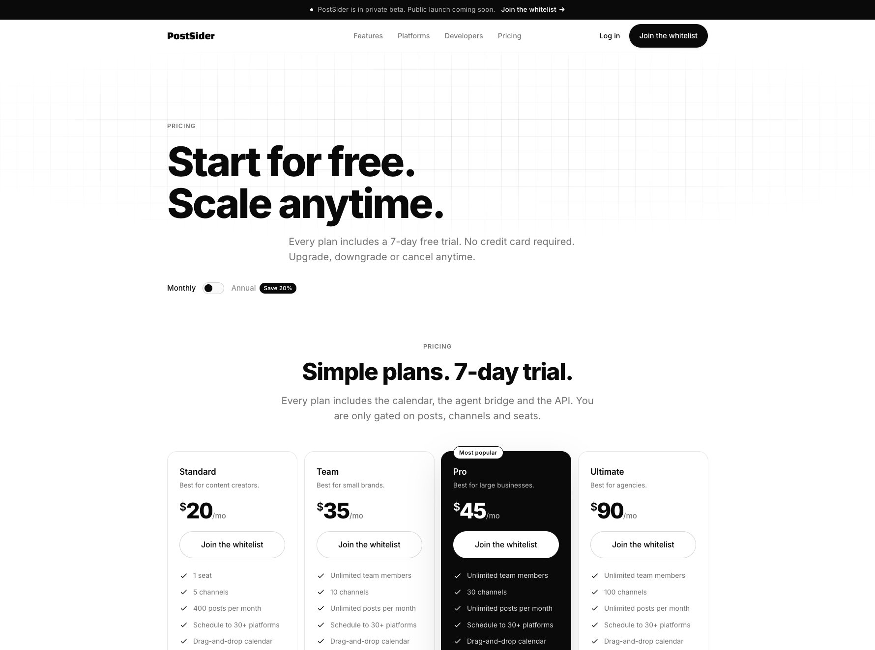 Postsider pricing — four simple plans, every one with the calendar, the agent bridge and the API included
